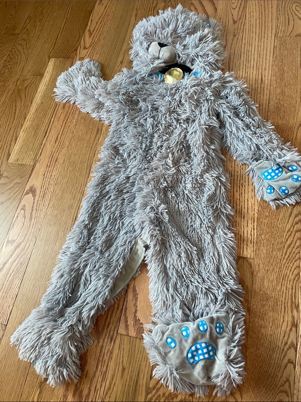Kids Plush Toto Dog Costume in Light Gray with Paw Accents